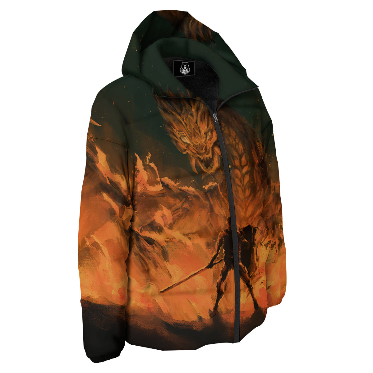 Knight Fight With Dragon Print Down Jacket-grizzshop