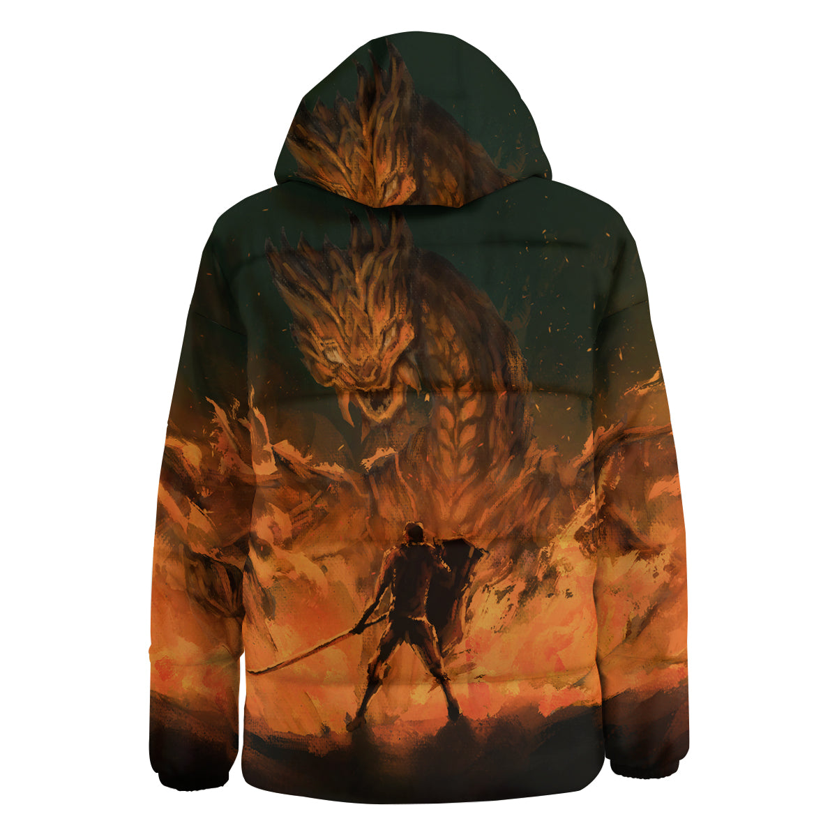 Knight Fight With Dragon Print Down Jacket-grizzshop