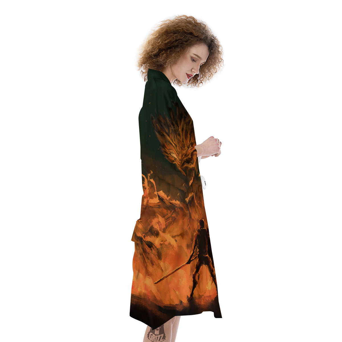 Knight Fight With Dragon Print Kimono-grizzshop