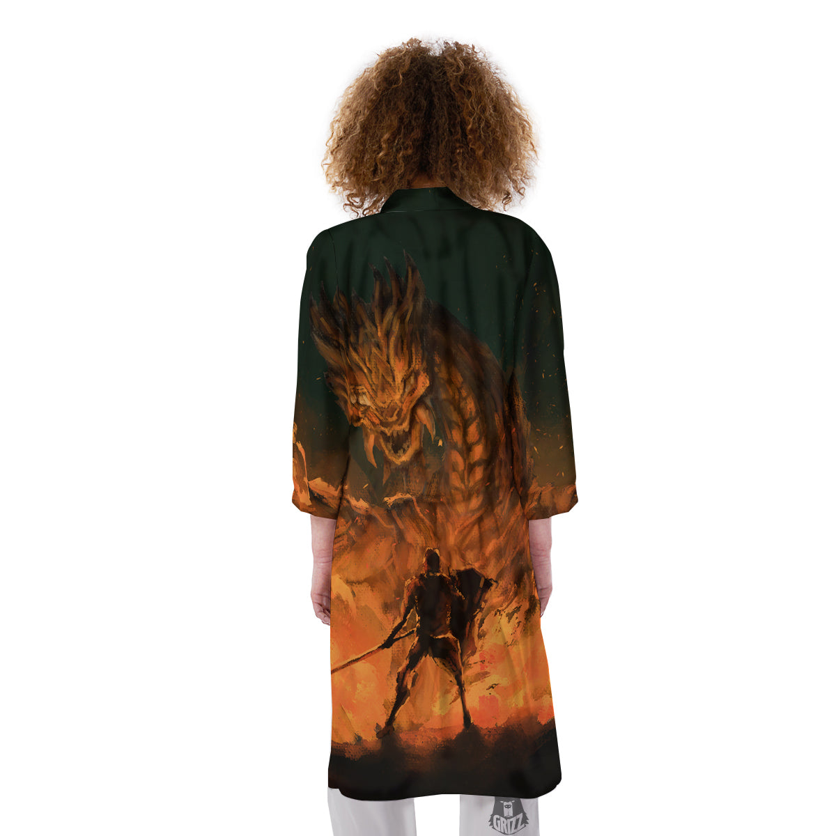 Knight Fight With Dragon Print Kimono-grizzshop
