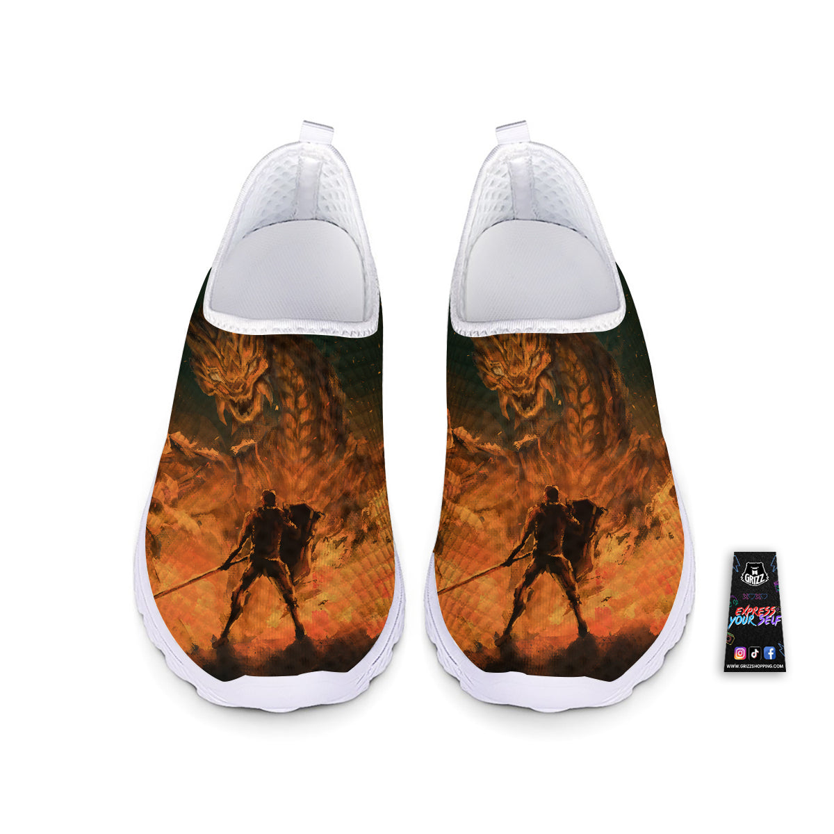 Knight Fight With Dragon Print Nurse Shoes-grizzshop