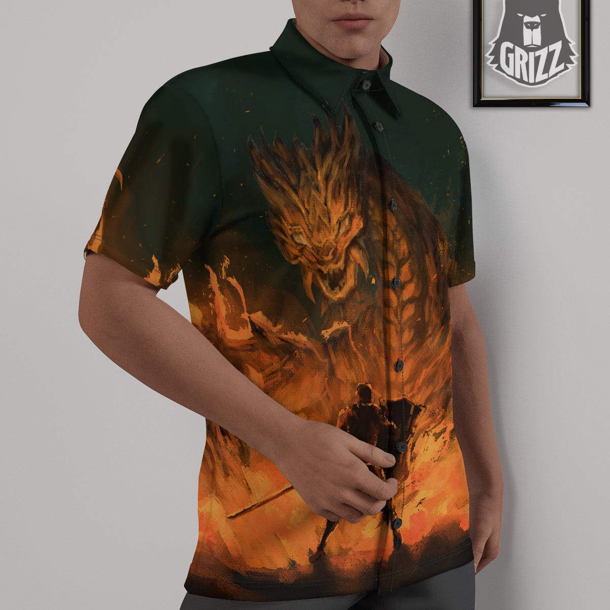 Knight Fight With Dragon Print Untucked Shirts-grizzshop
