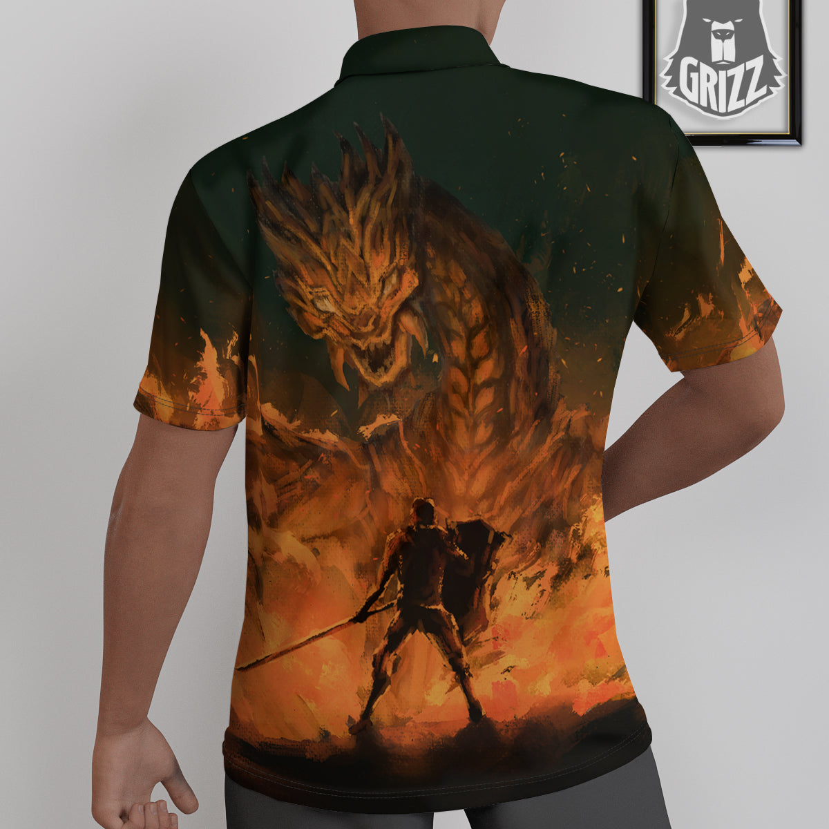 Knight Fight With Dragon Print Untucked Shirts-grizzshop