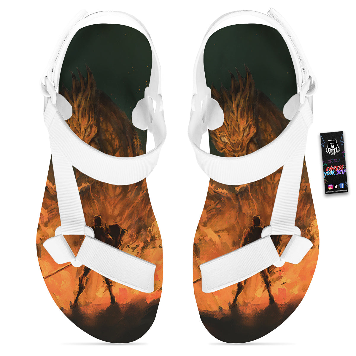 Knight Fight With Dragon Print White Open Toe Sandals-grizzshop
