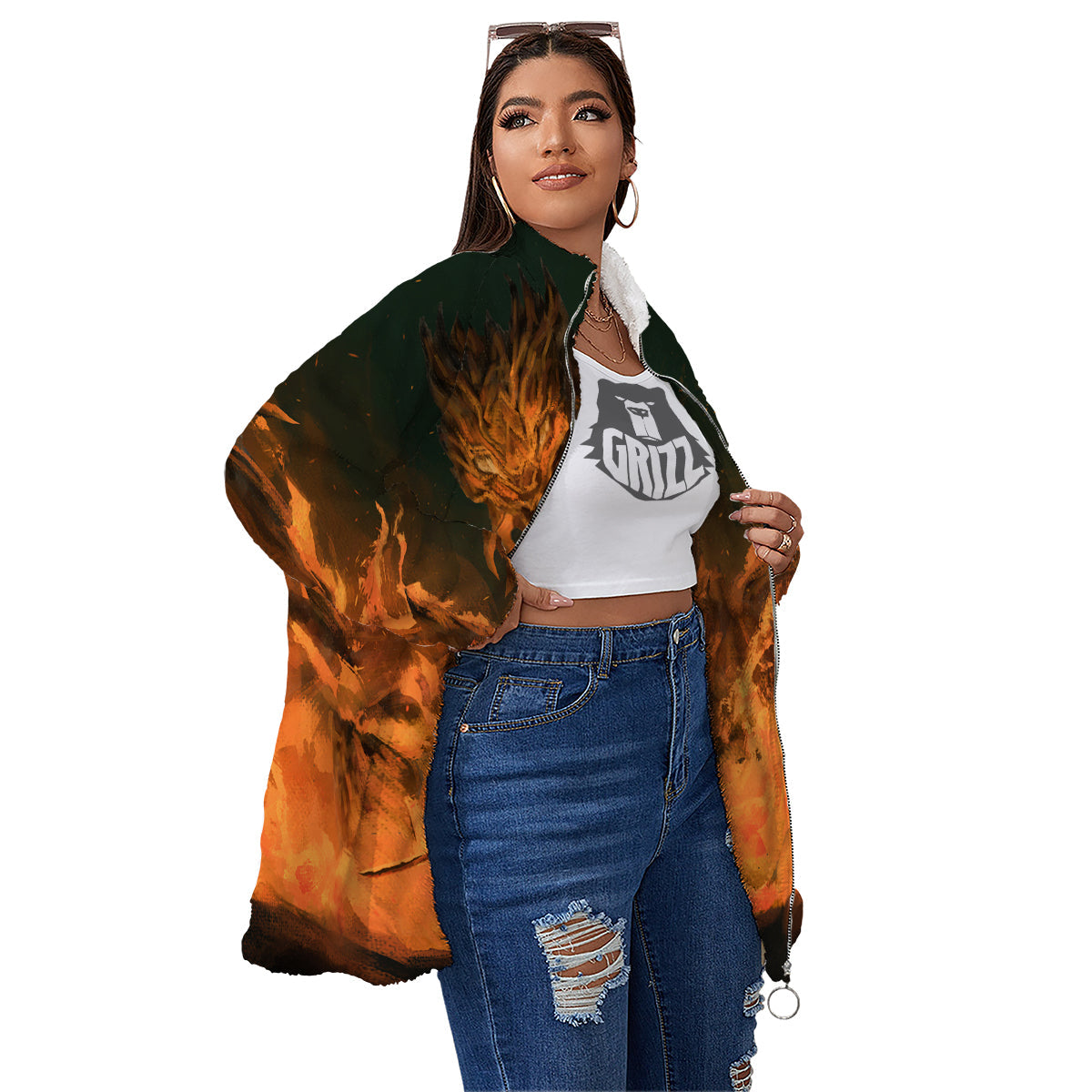 Knight Fight With Dragon Print Women's Sherpa Jacket-grizzshop