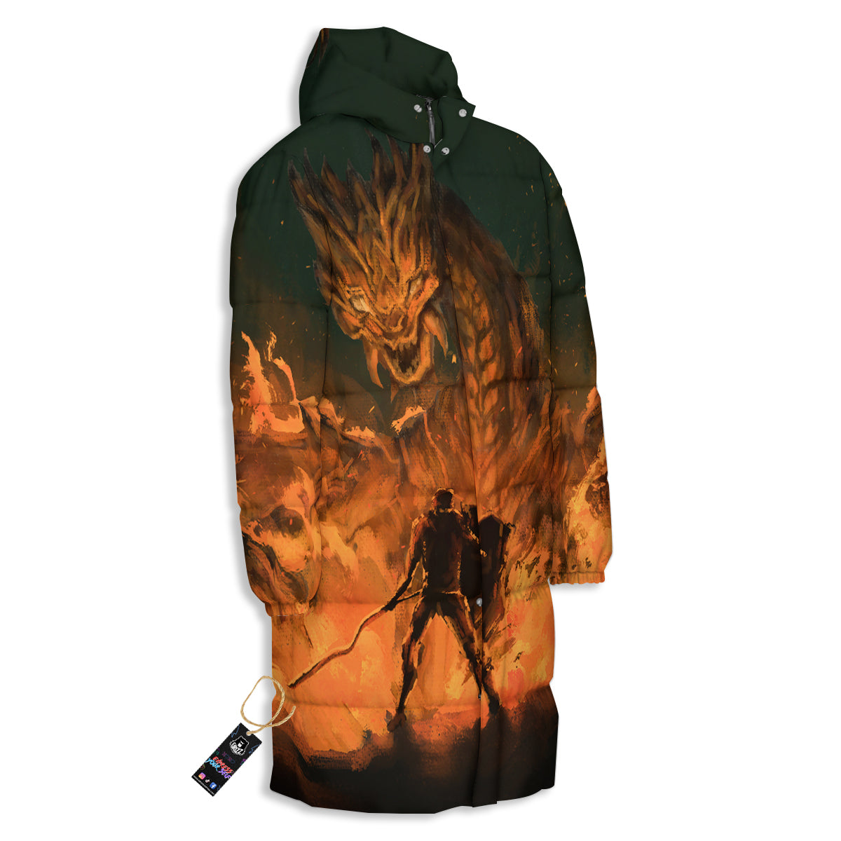 Knight Fight With Dragon Print Long Down Jacket