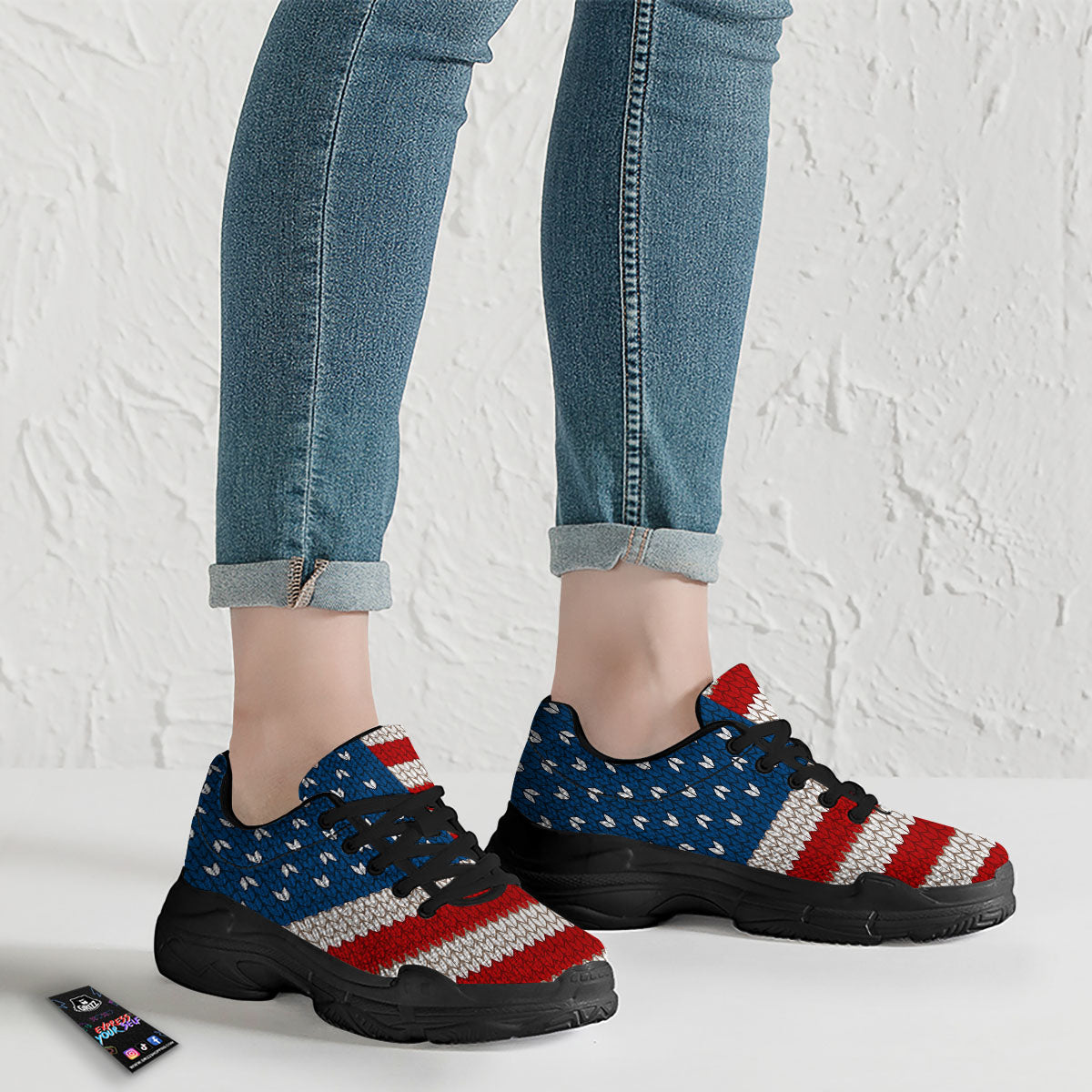 Knitted American Flag Print Black Chunky Shoes-grizzshop