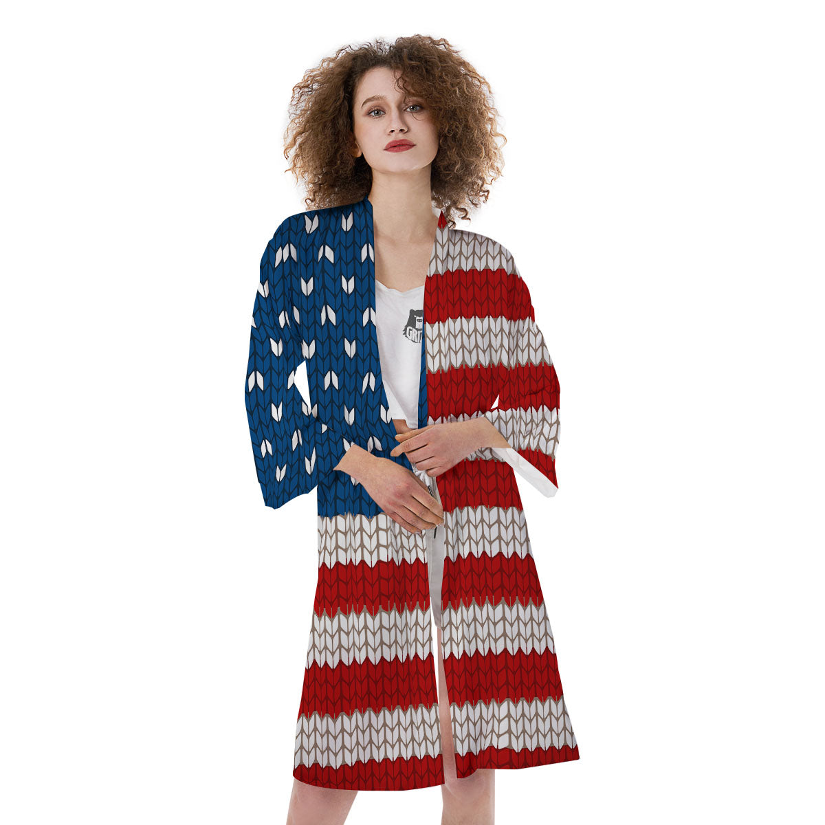 Knitted American Flag Print Kimono-grizzshop
