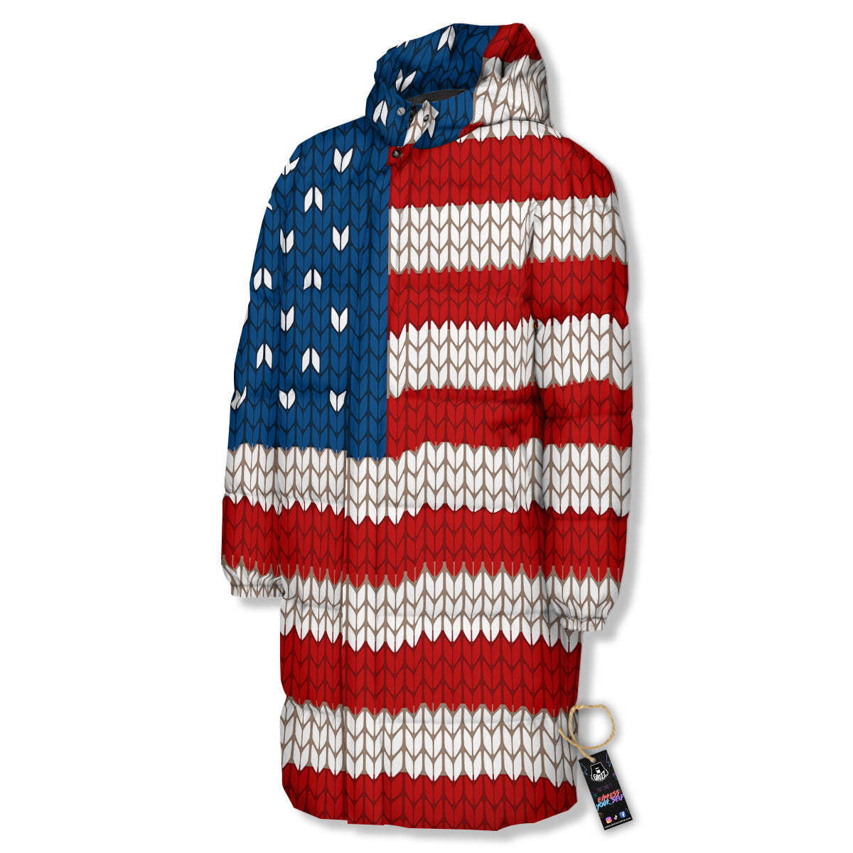 Knitted American Flag Print Long Down Jacket-grizzshop