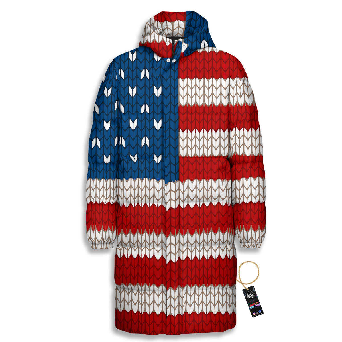 Knitted American Flag Print Long Down Jacket-grizzshop