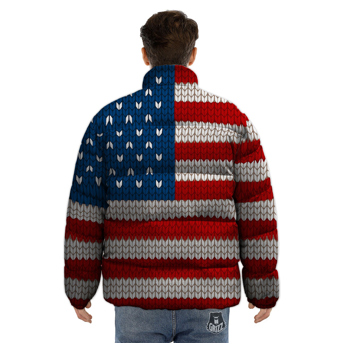 Knitted American Flag Print Puffer Jacket-grizzshop