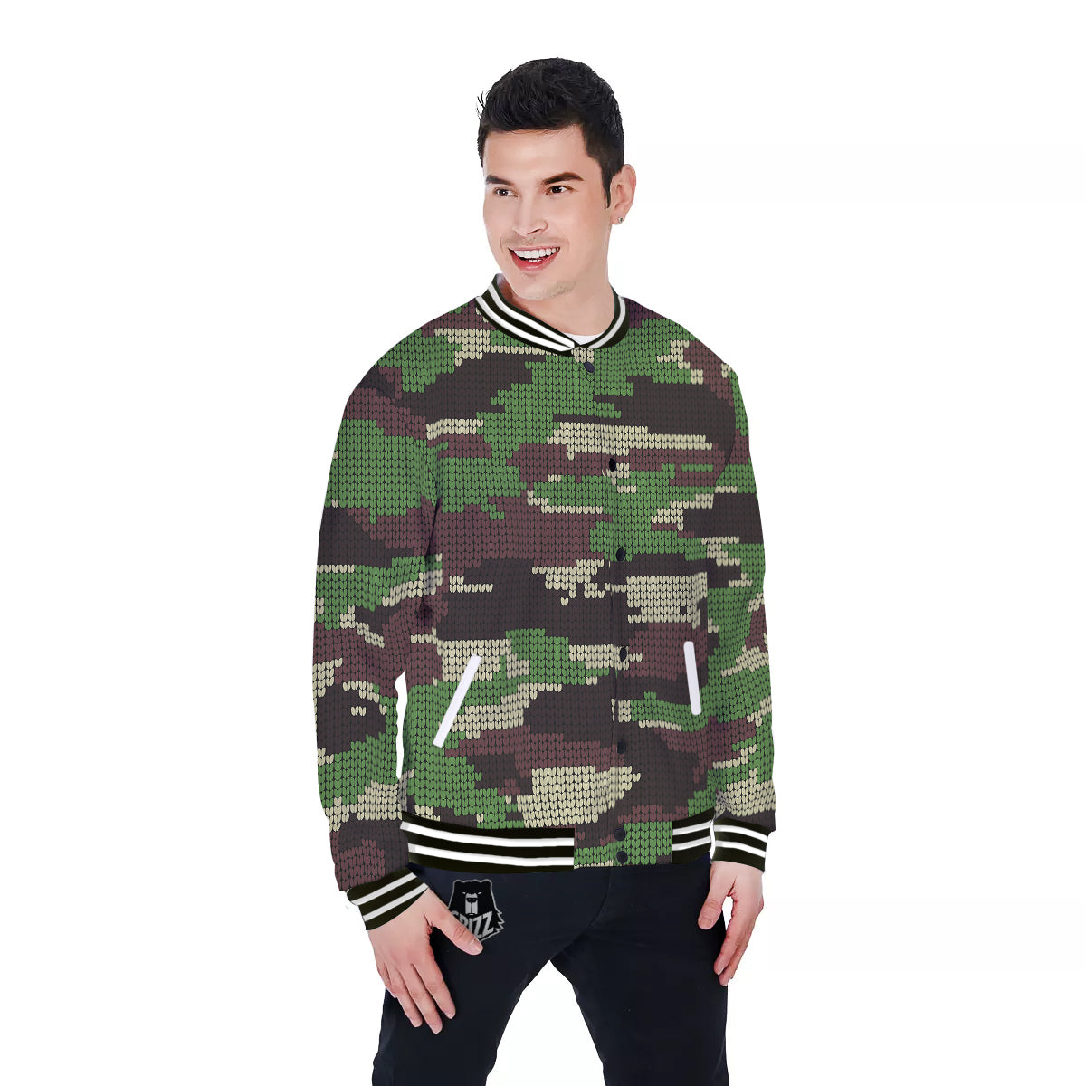 Knitted Army Camouflage Print Pattern Baseball Jacket-grizzshop