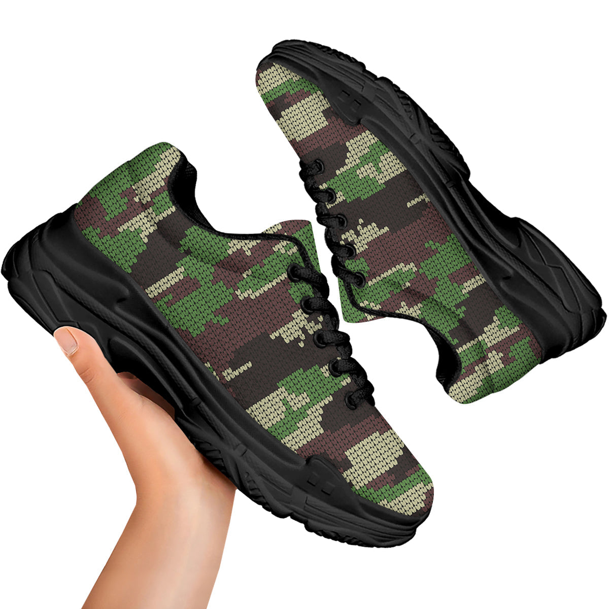 Knitted Army Camouflage Print Pattern Black Chunky Shoes-grizzshop