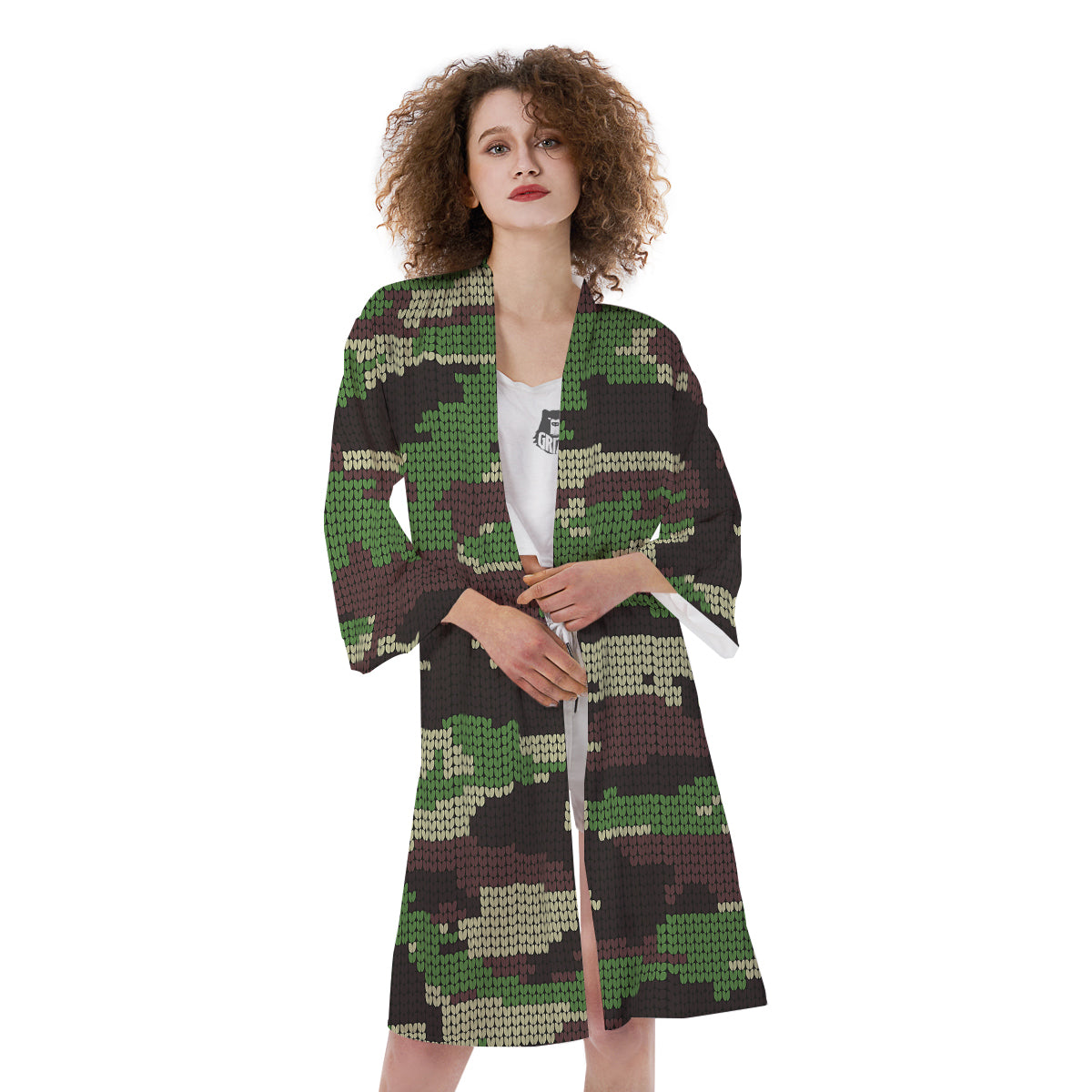Knitted Army Camouflage Print Pattern Kimono-grizzshop