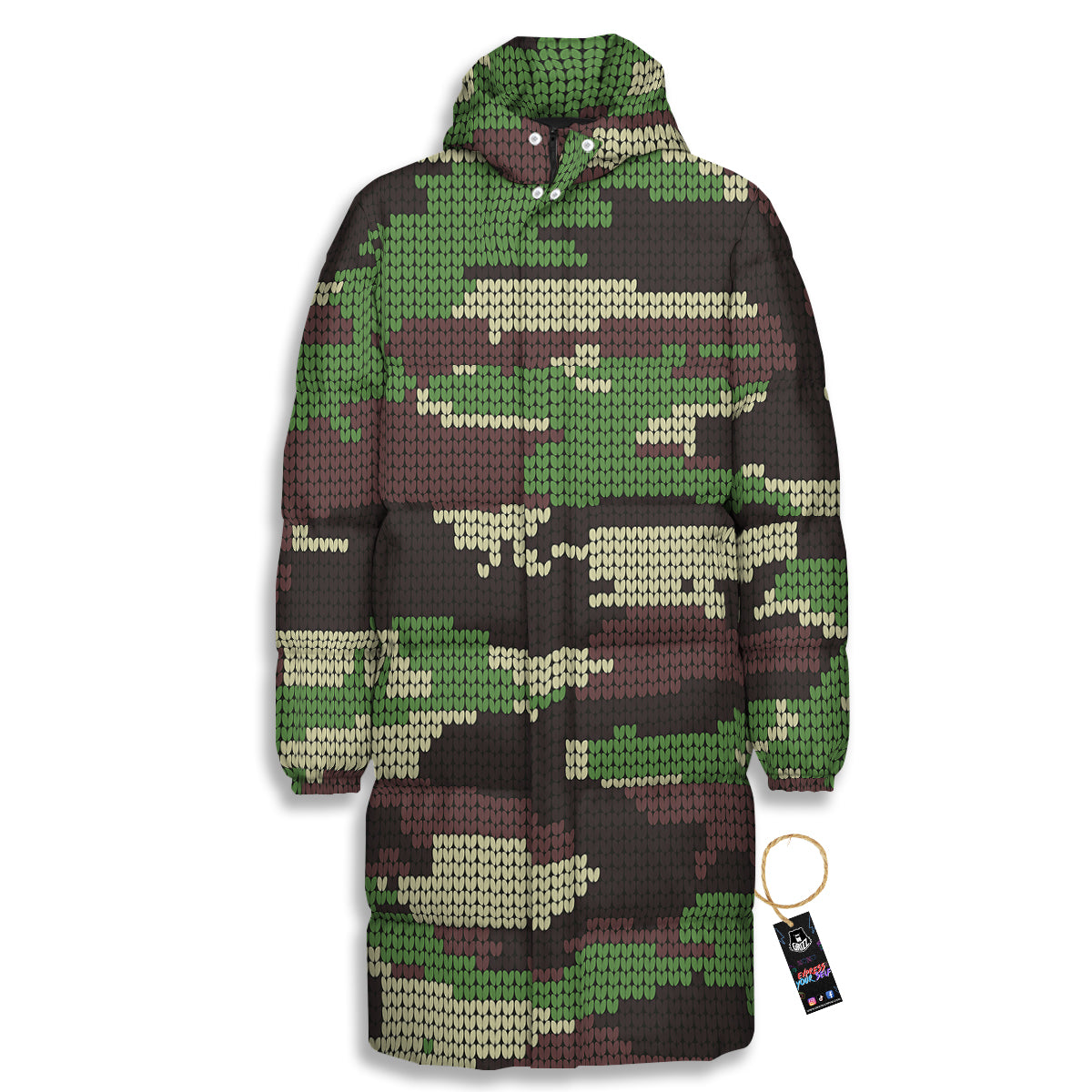 Knitted Army Camouflage Print Pattern Long Down Jacket-grizzshop