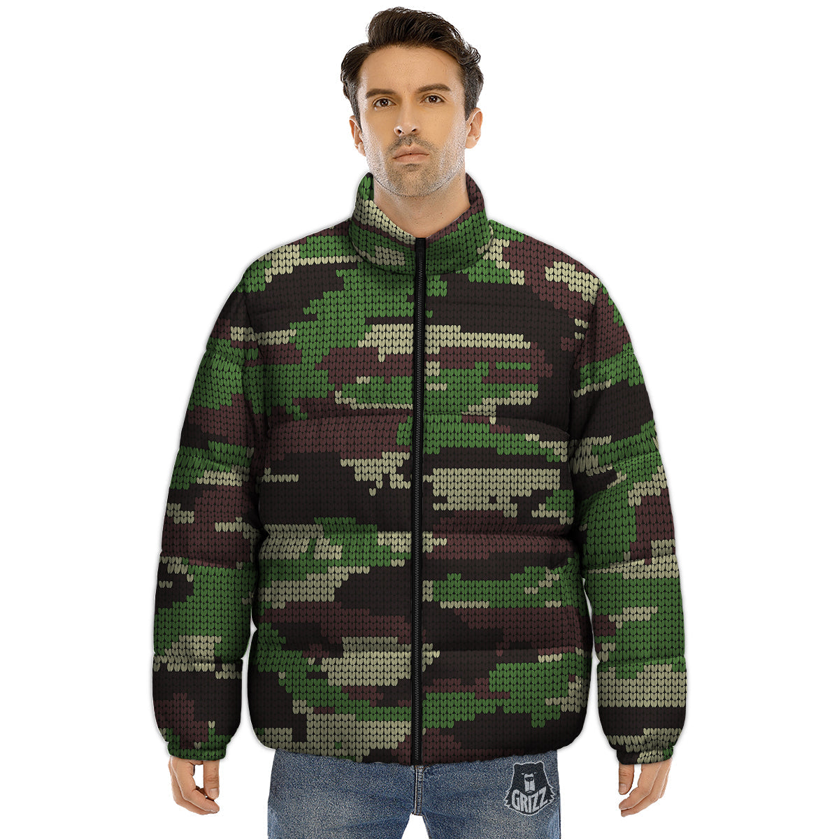 Knitted Army Camouflage Print Pattern Puffer Jacket-grizzshop