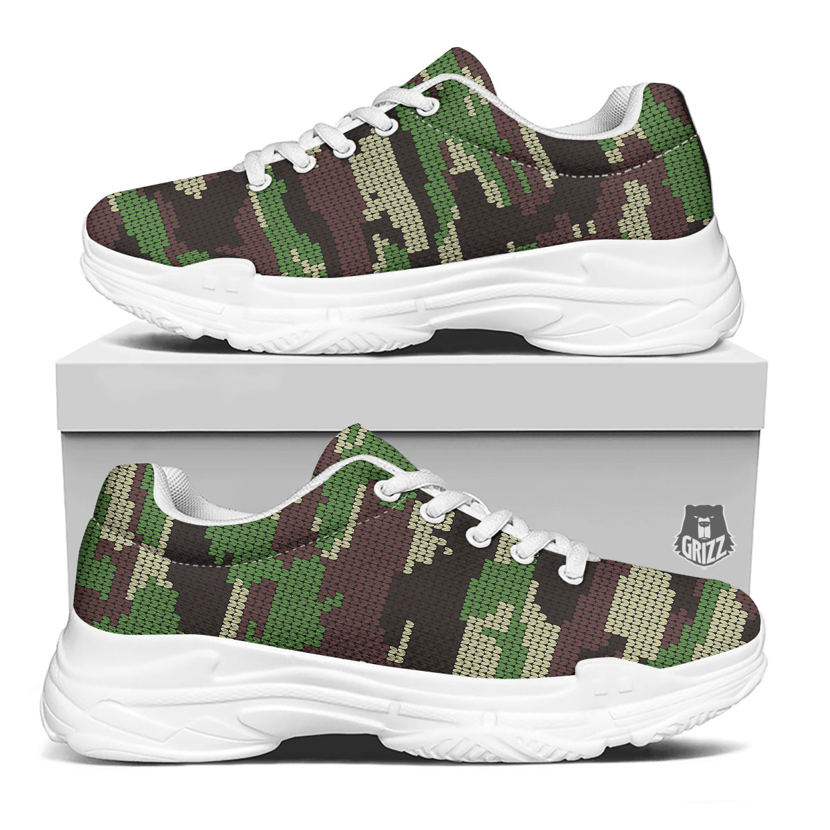 Knitted Army Camouflage Print Pattern White Chunky Shoes-grizzshop