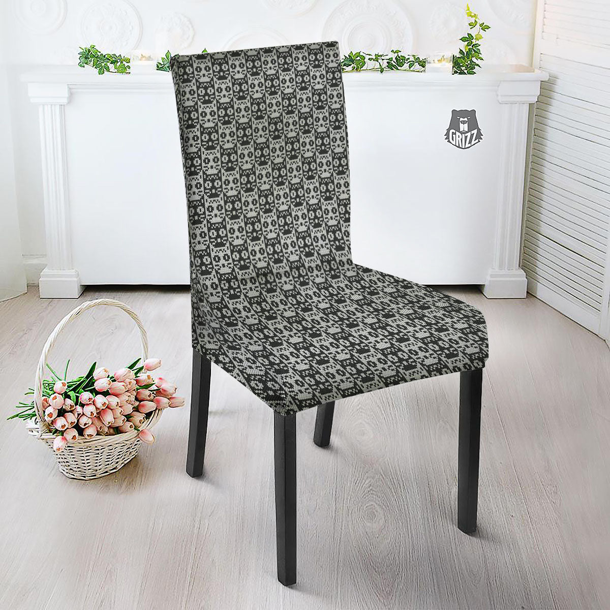 Knitted Black Cat Print Pattern Dining Chair Slipcover-grizzshop