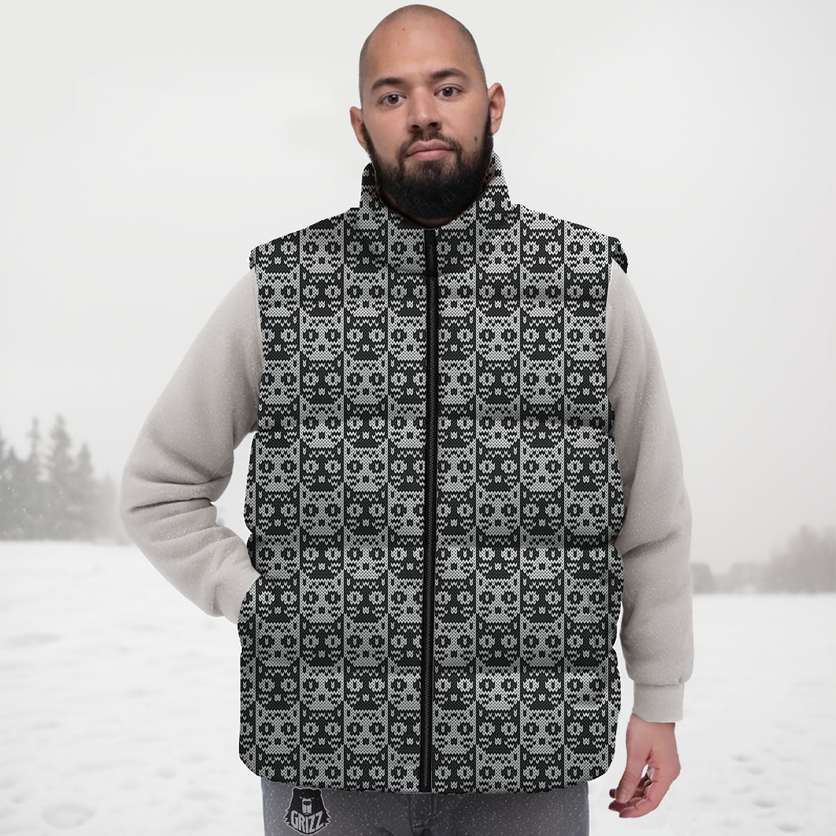 Knitted Black Cat Print Pattern Down Vest