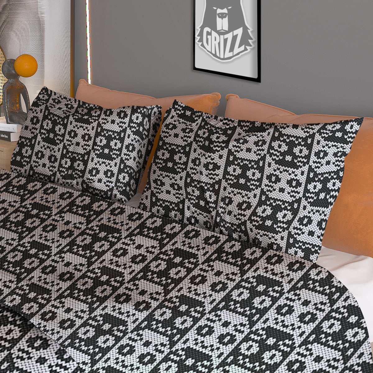 Knitted Black Cat Print Pattern Duvet Cover Bedding Set