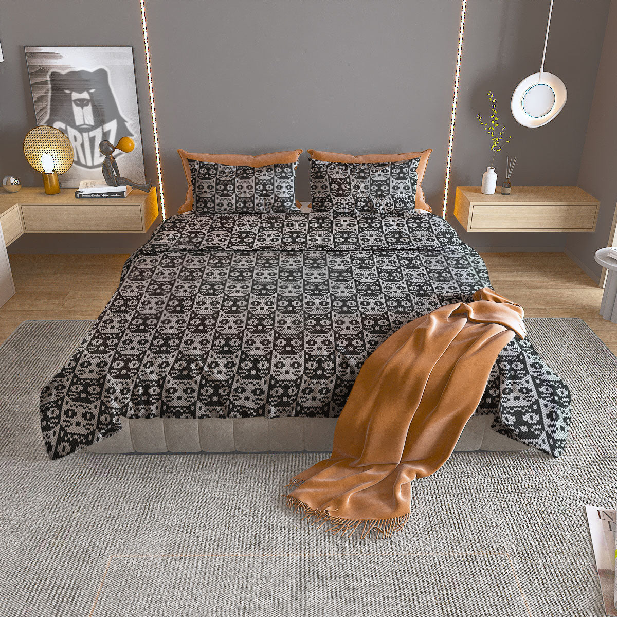 Knitted Black Cat Print Pattern Duvet Cover Bedding Set