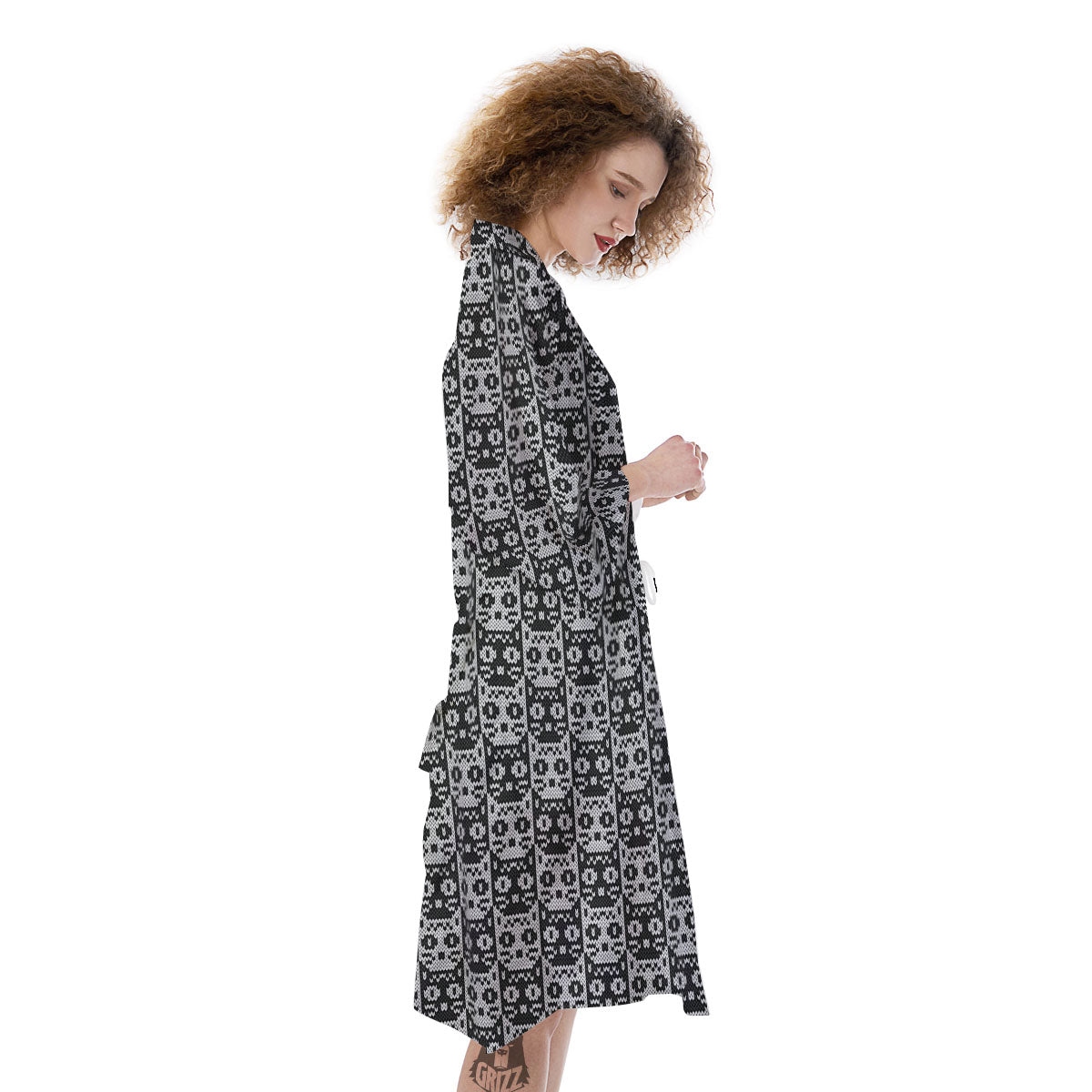 Knitted Black Cat Print Pattern Kimono-grizzshop