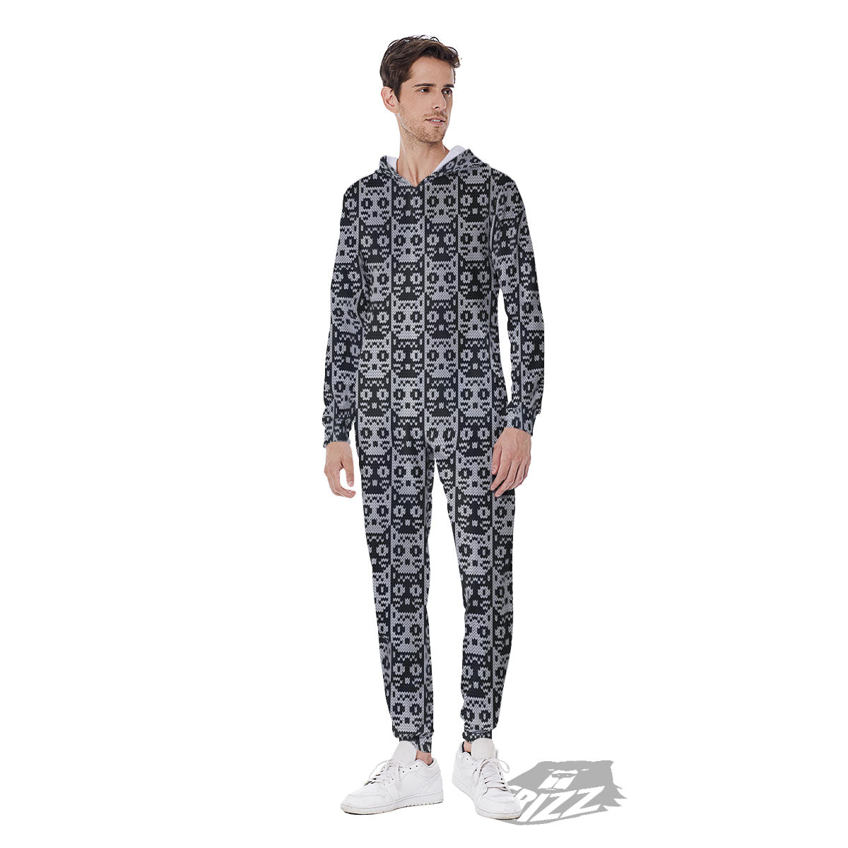 Knitted Black Cat Print Pattern Men's Jumpsuit-grizzshop