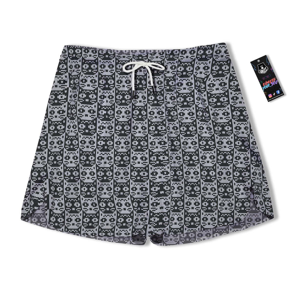Knitted Black Cat Print Pattern Men's Running Shorts-grizzshop
