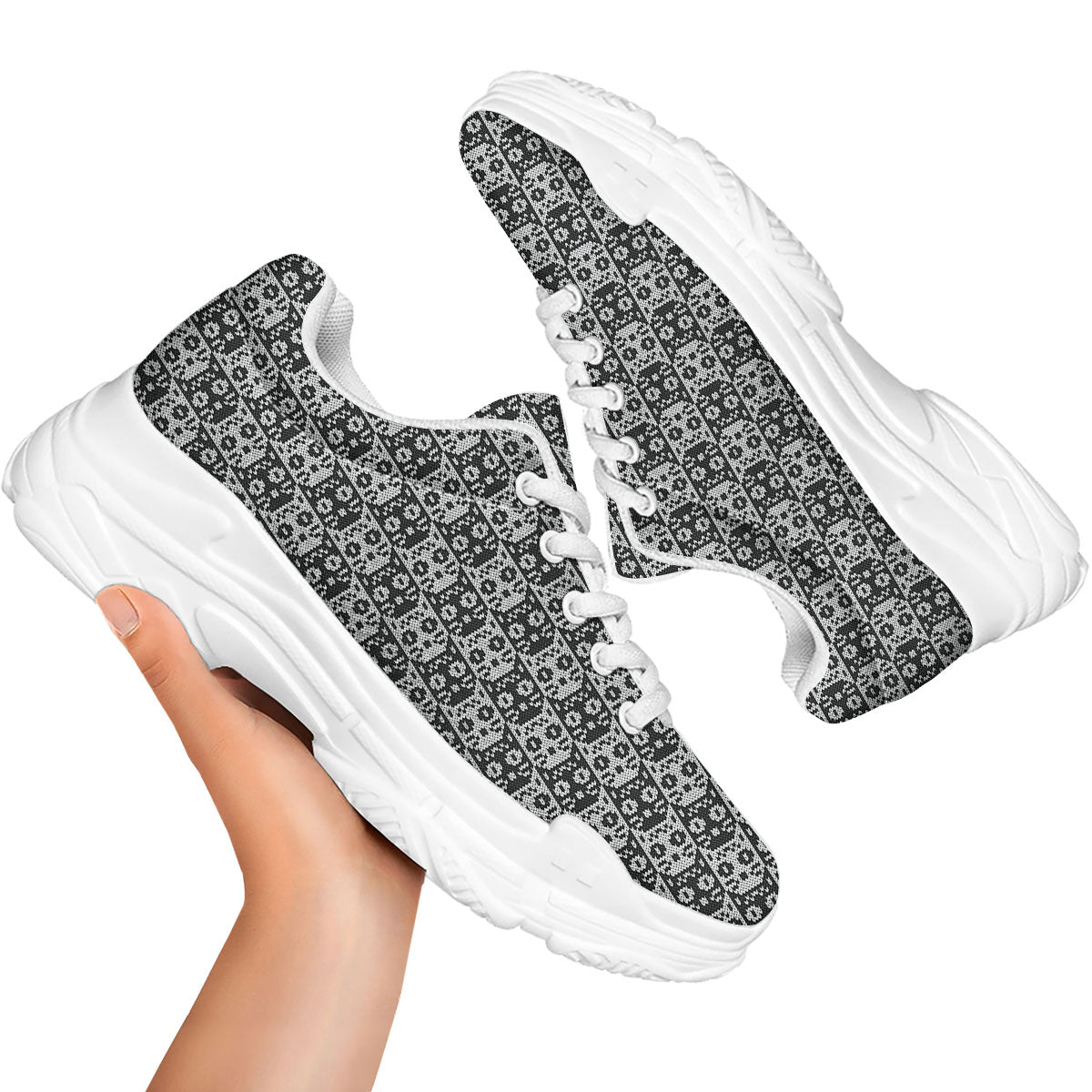 Knitted Black Cat Print Pattern White Chunky Shoes-grizzshop