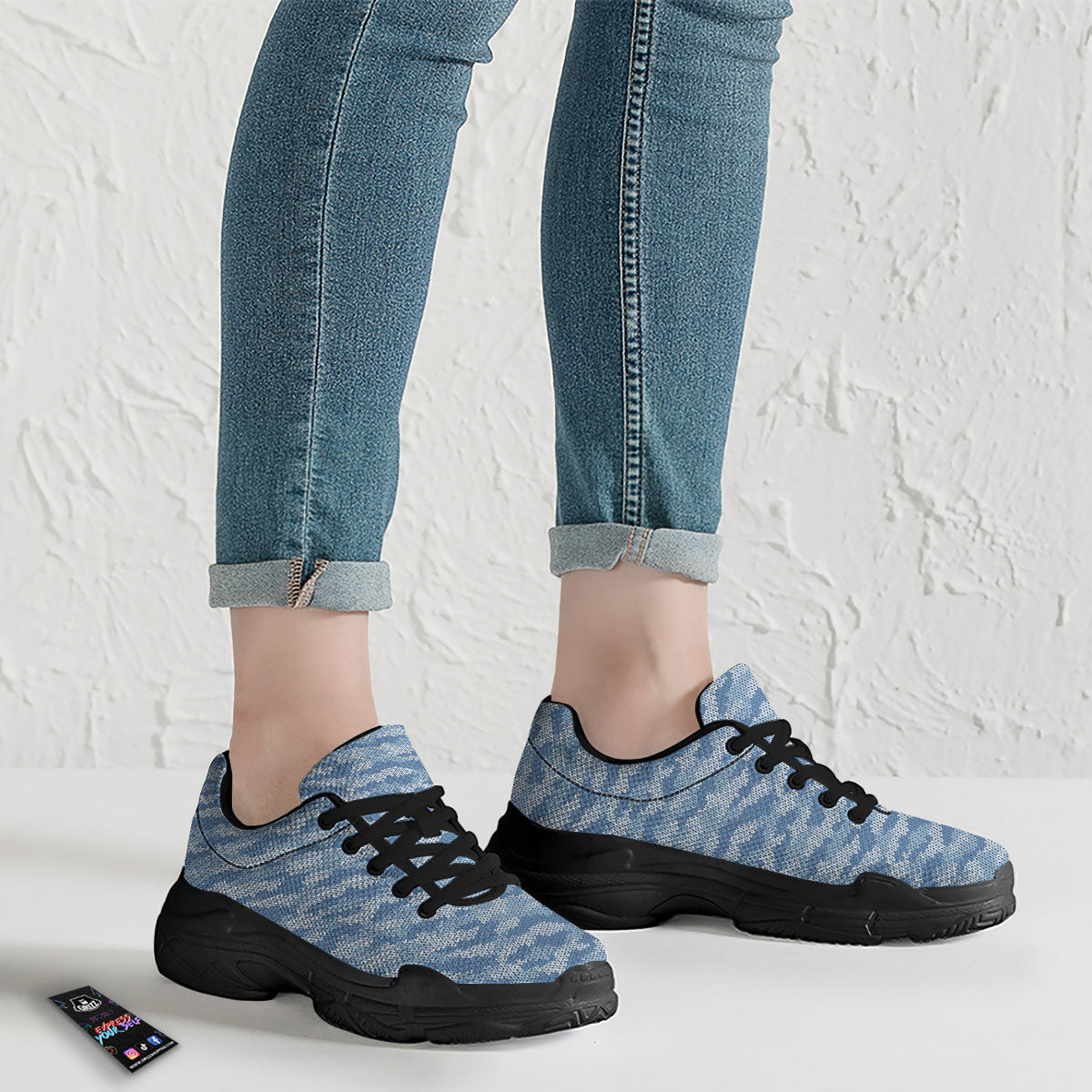 Knitted Blue Camouflage Print Pattern Black Chunky Shoes-grizzshop