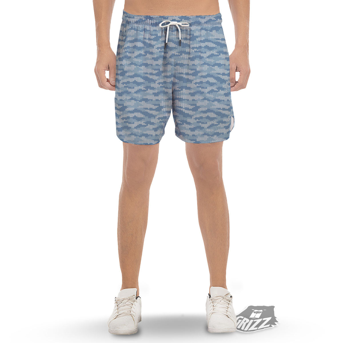 Knitted Blue Camouflage Print Pattern Men's Gym Shorts-grizzshop