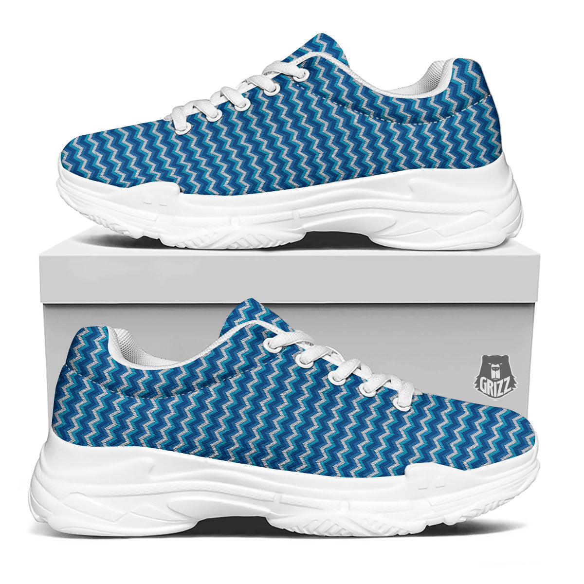 Knitted Blue Chevron Print Pattern White Chunky Shoes-grizzshop