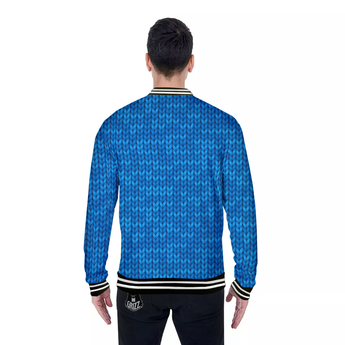 Knitted Blue Print Pattern Baseball Jacket-grizzshop