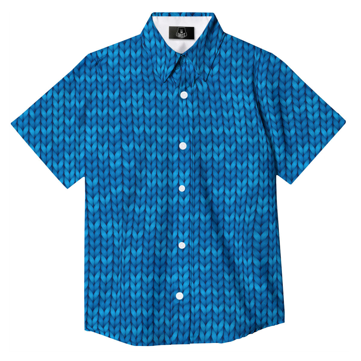Knitted Blue Print Pattern Button Up Shirt-grizzshop