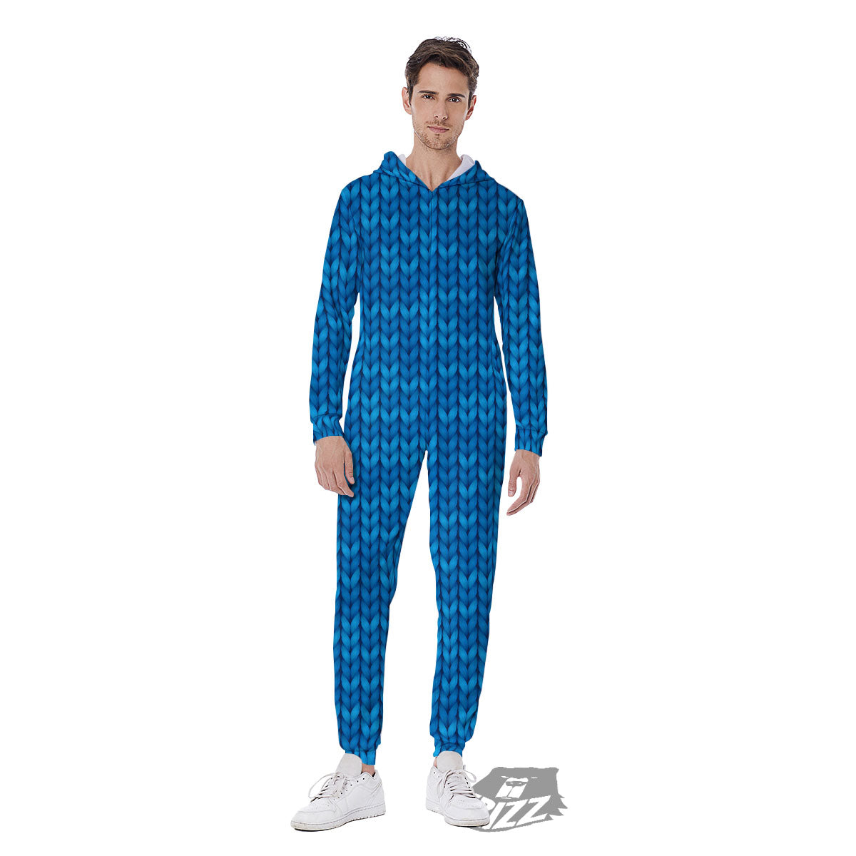 Knitted Blue Print Pattern Men's Jumpsuit-grizzshop