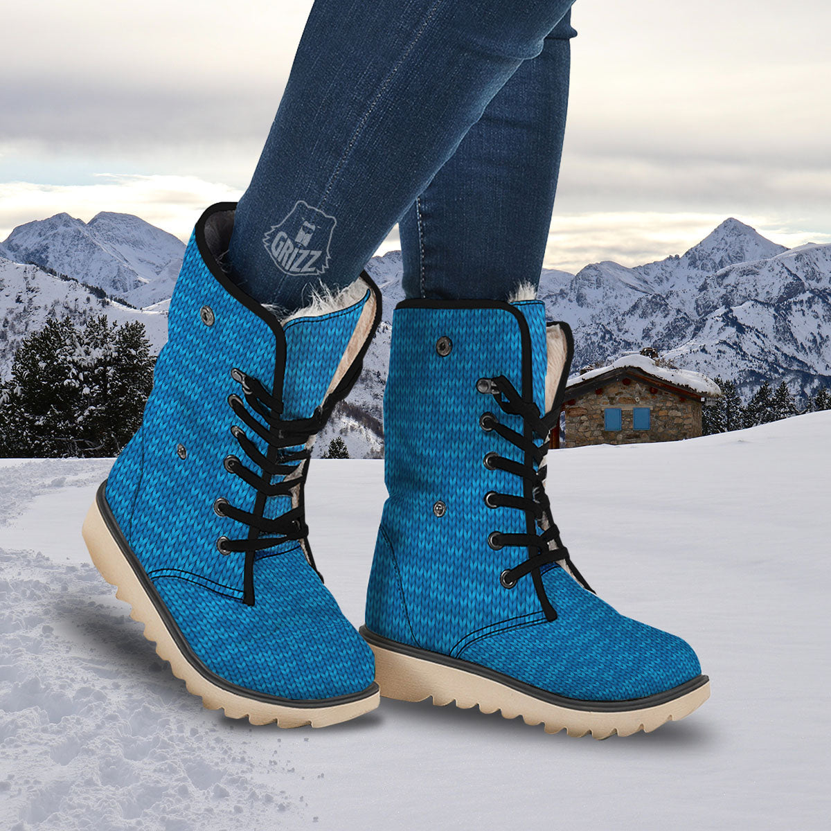 Knitted Blue Print Pattern Snow Boots-grizzshop