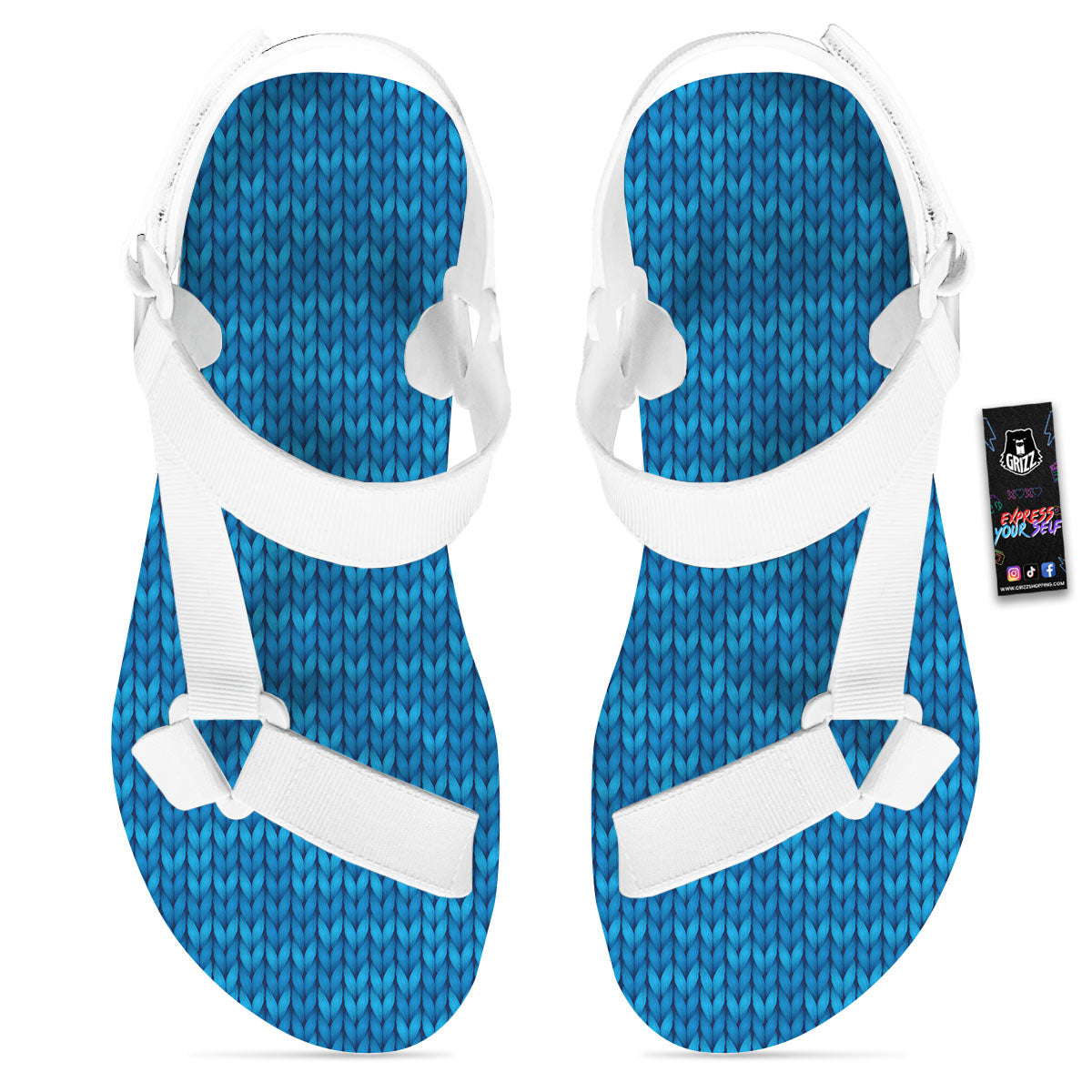Knitted Blue Print Pattern White Open Toe Sandals-grizzshop