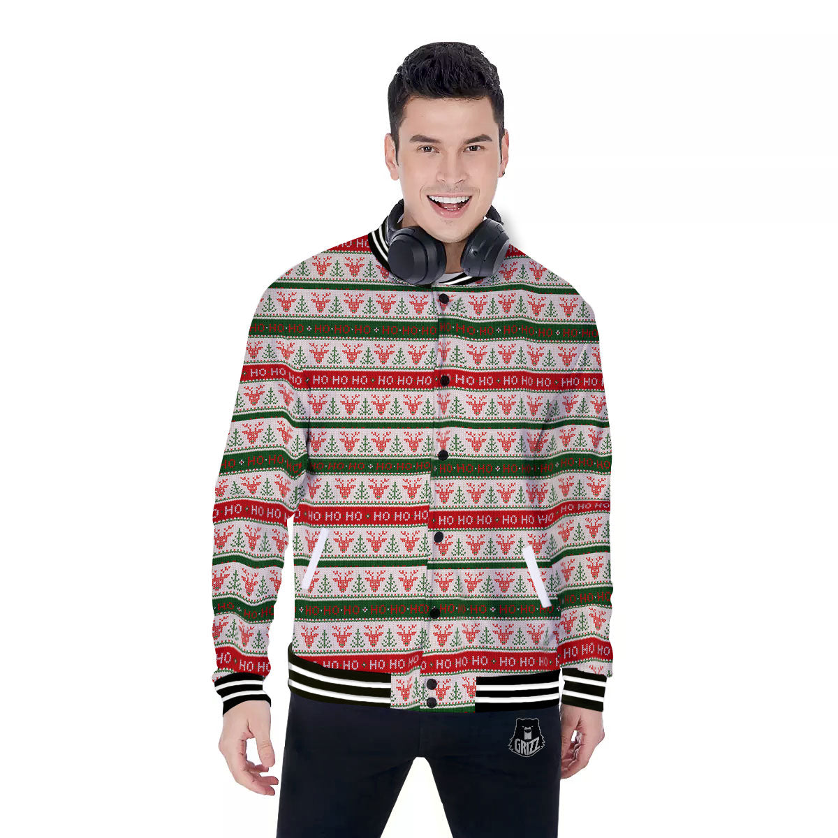Knitted Christmas Print Pattern Baseball Jacket-grizzshop