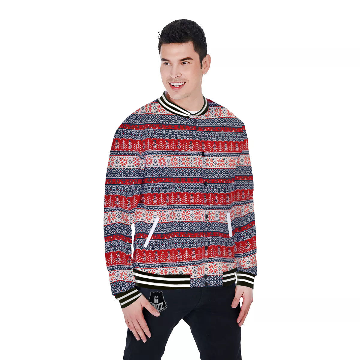 Knitted Christmas Snowman Print Pattern Baseball Jacket-grizzshop