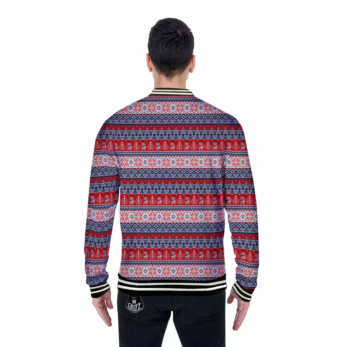 Knitted Christmas Snowman Print Pattern Baseball Jacket-grizzshop
