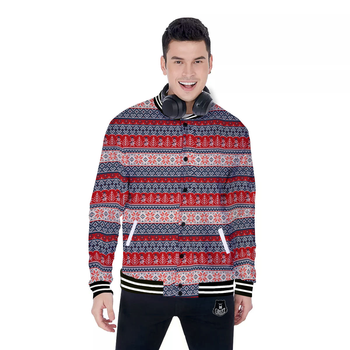 Knitted Christmas Snowman Print Pattern Baseball Jacket-grizzshop
