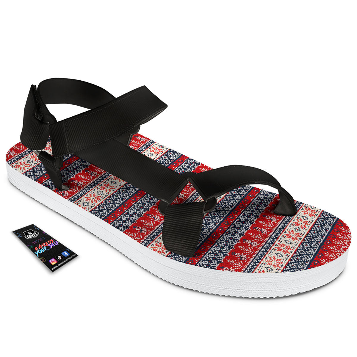Knitted Christmas Snowman Print Pattern Black Open Toe Sandals-grizzshop