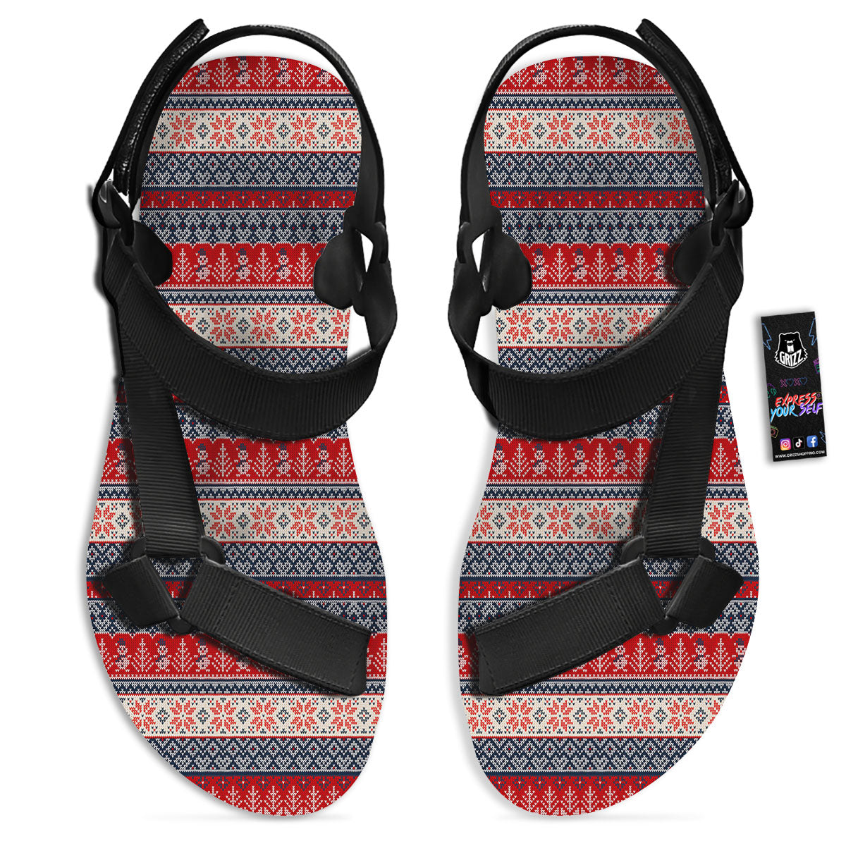 Knitted Christmas Snowman Print Pattern Black Open Toe Sandals-grizzshop