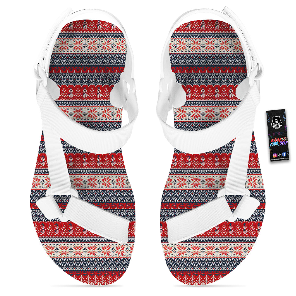 Knitted Christmas Snowman Print Pattern White Open Toe Sandals-grizzshop