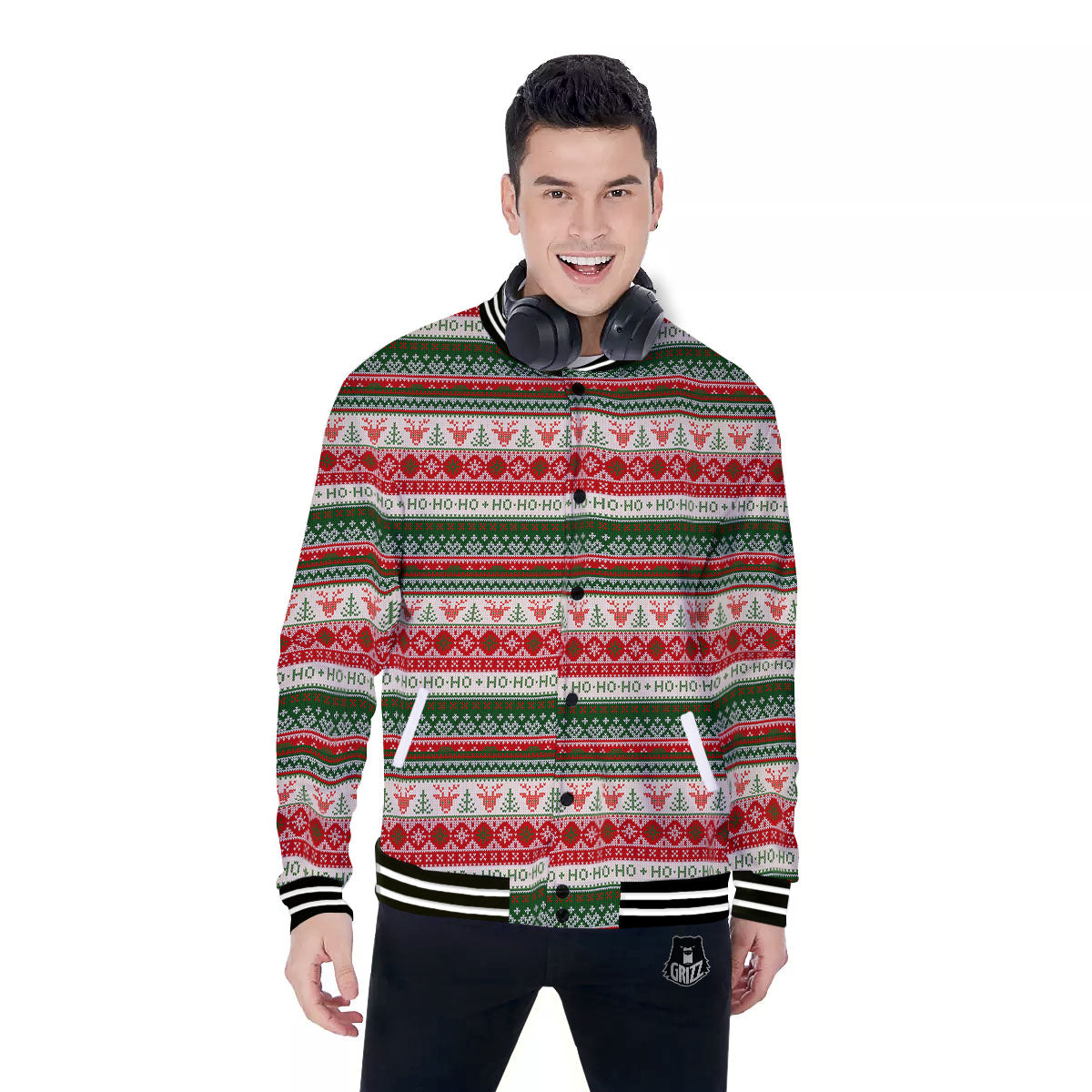 Knitted Christmas Tree Print Pattern Baseball Jacket-grizzshop