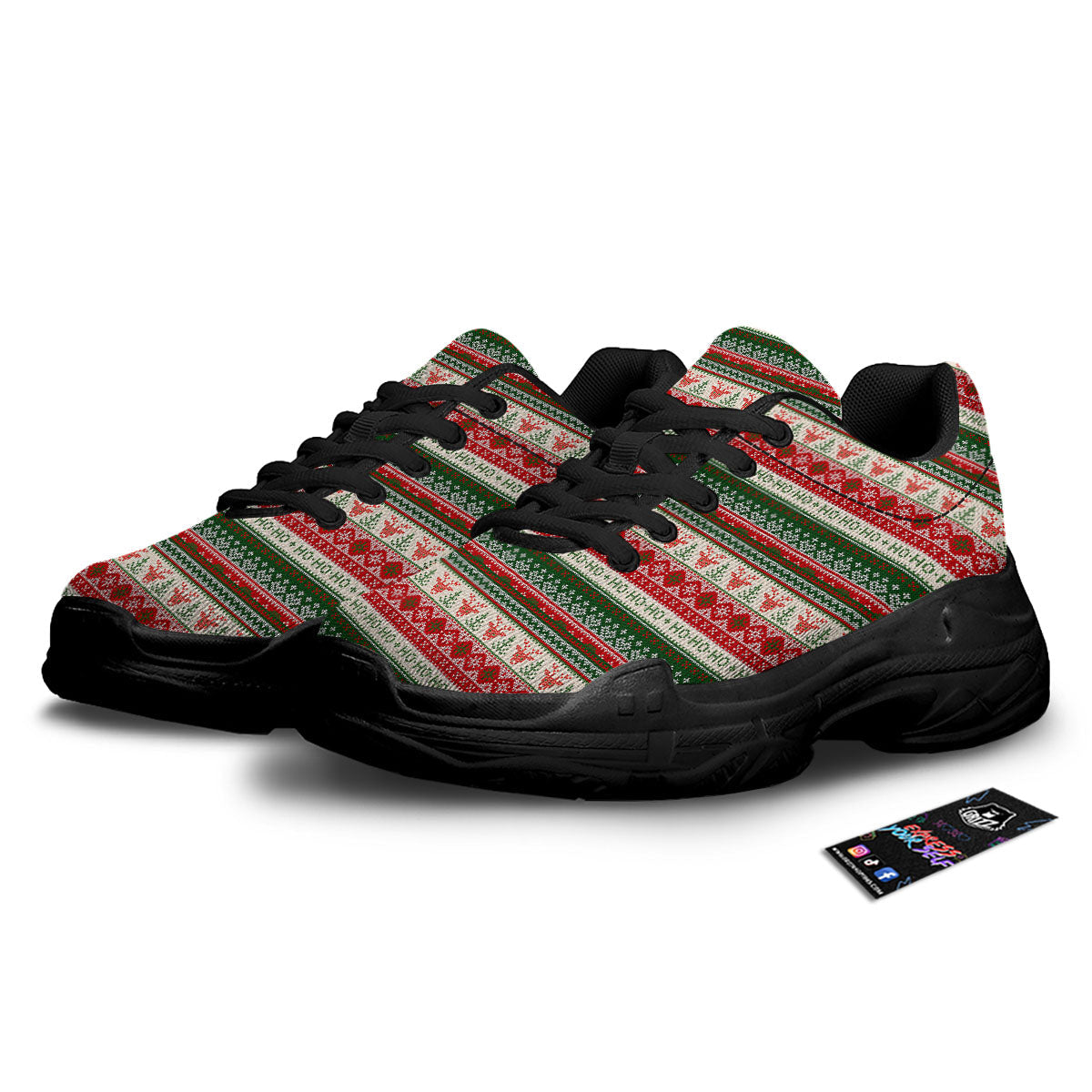 Knitted Christmas Tree Print Pattern Black Chunky Shoes-grizzshop
