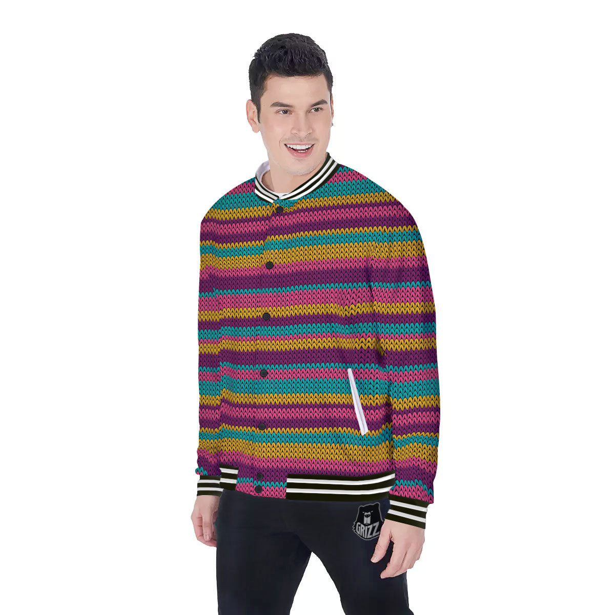 Knitted Colorful Print Pattern Baseball Jacket-grizzshop