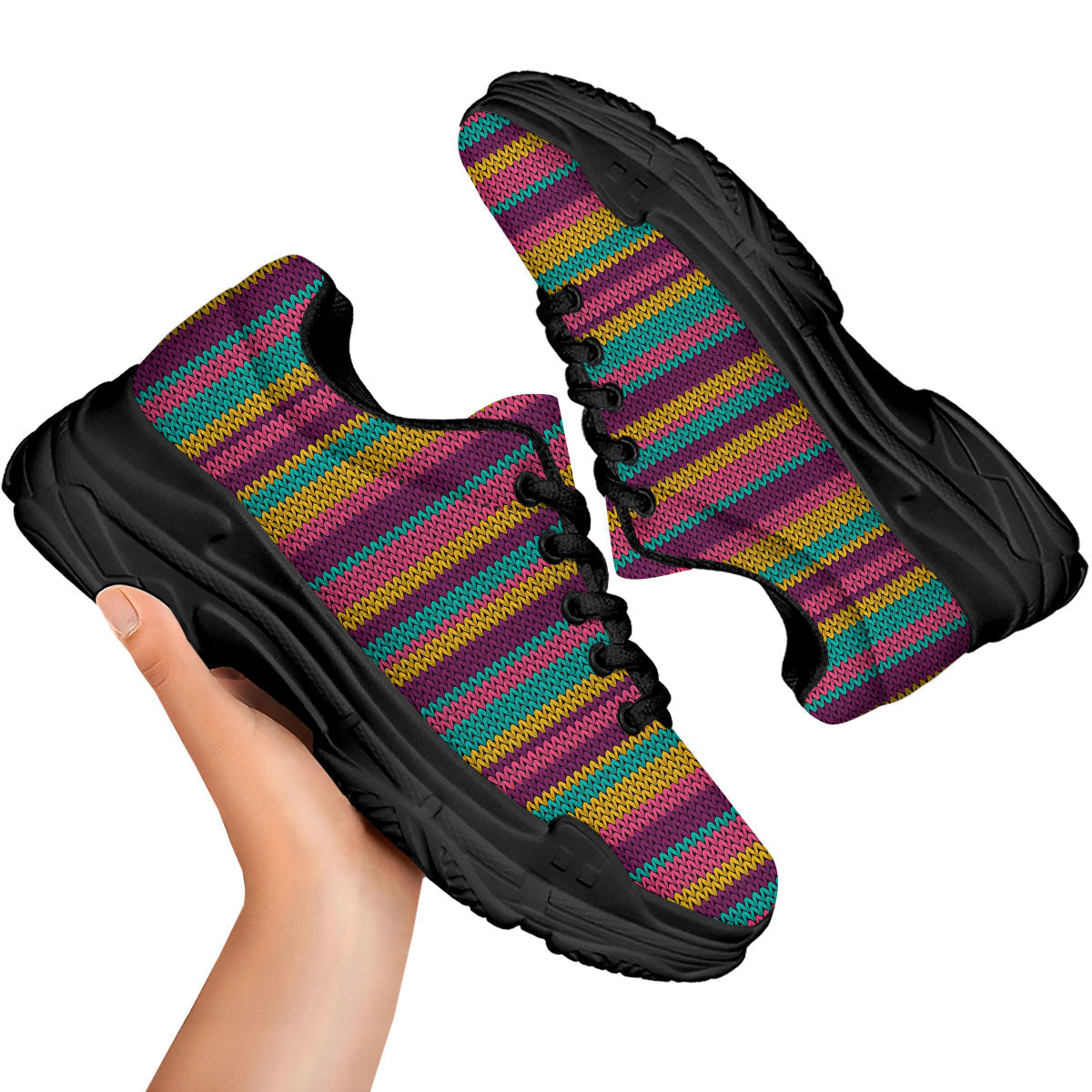 Knitted Colorful Print Pattern Black Chunky Shoes-grizzshop