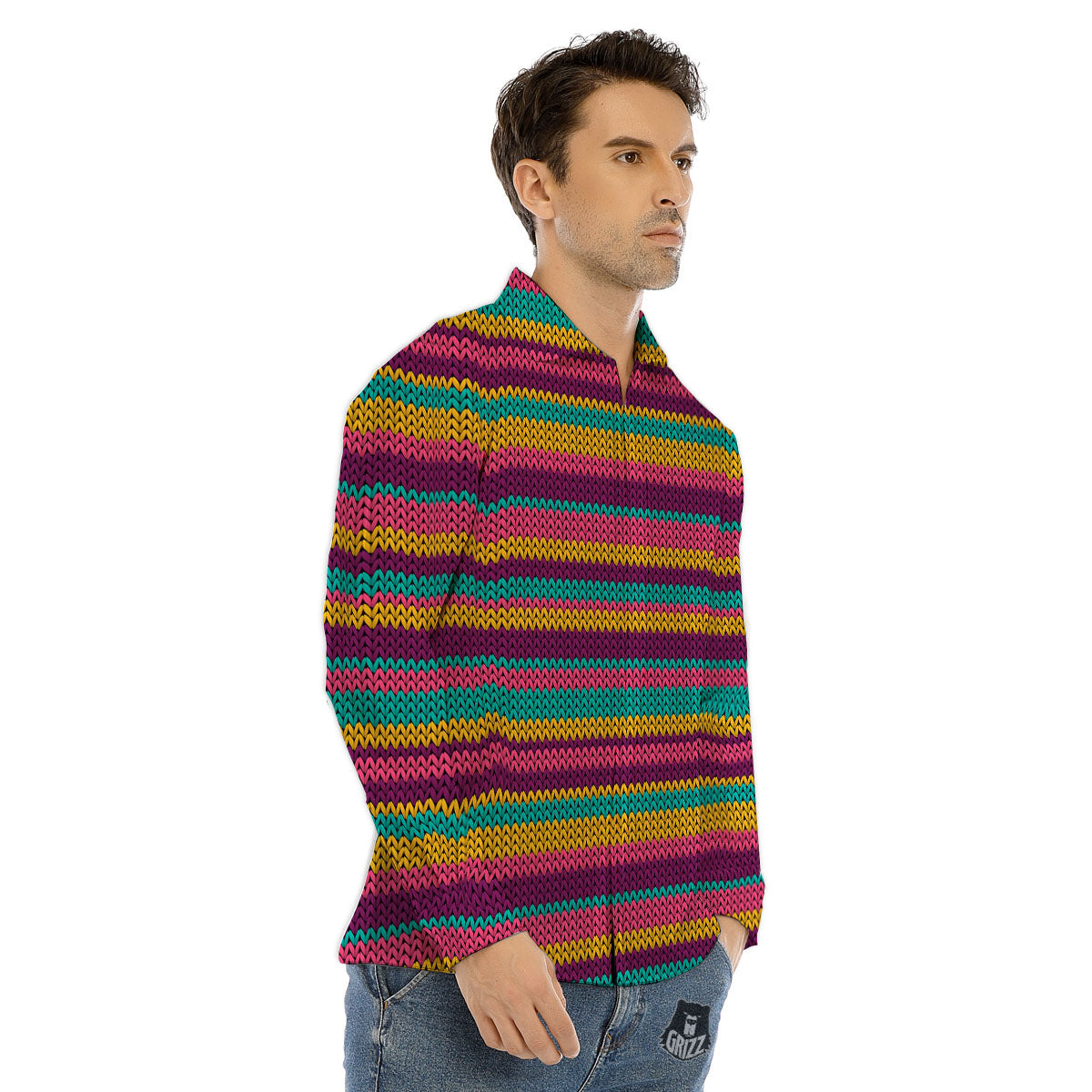 Knitted Colorful Print Pattern Men's Dress Shirts-grizzshop