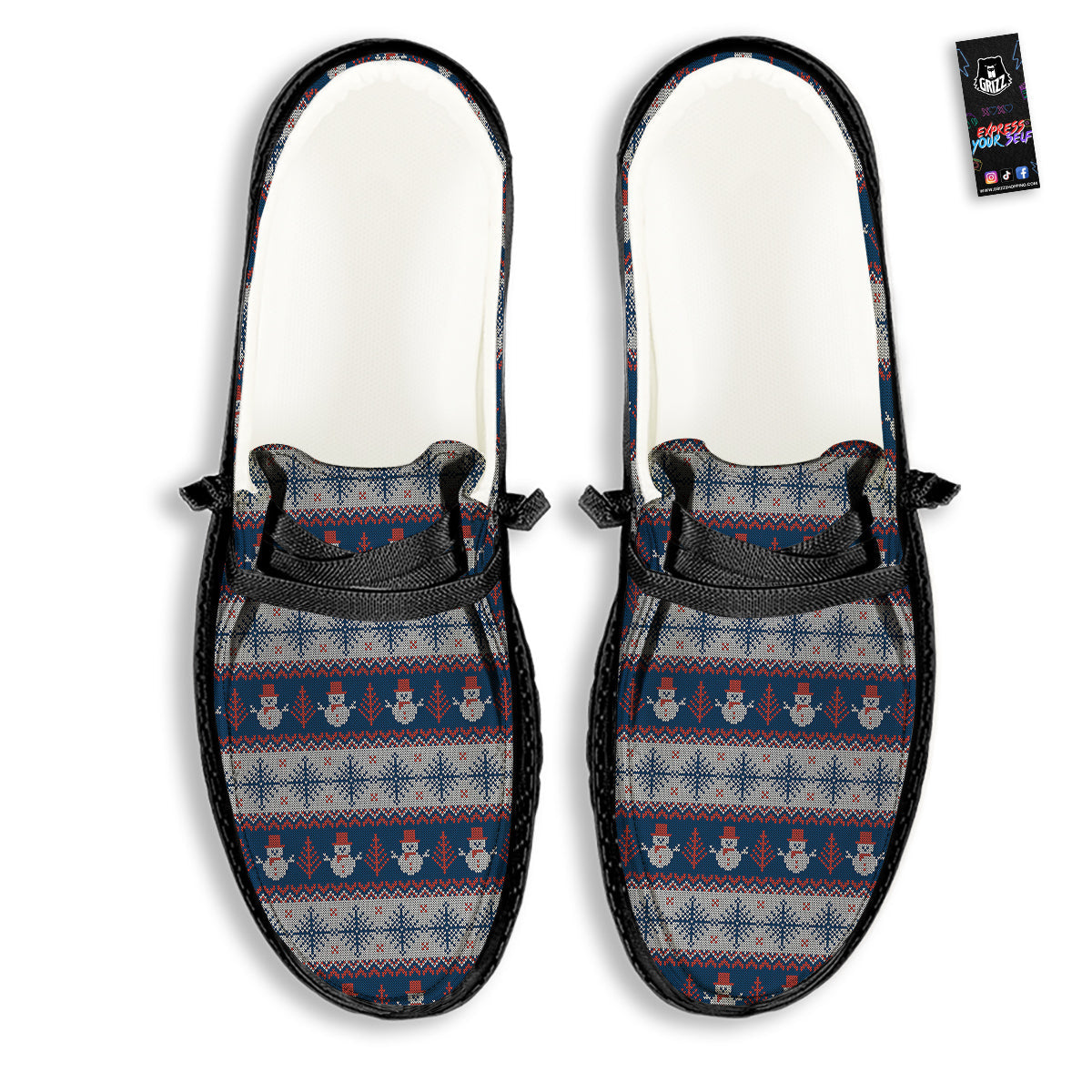 Knitted Cute Snowman Print Pattern Black Loafers-grizzshop